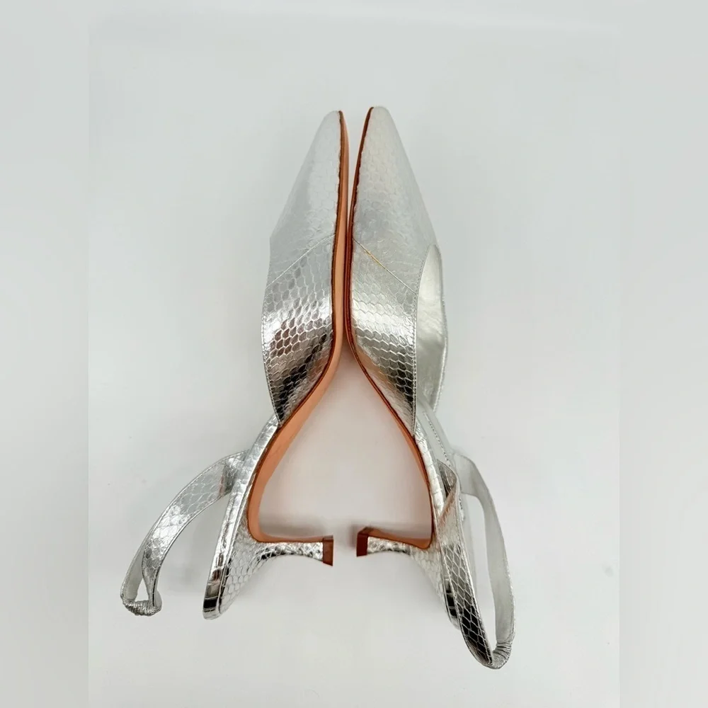 Manolo Blahnik Metallic  silver Snakeskin Carolyne 50mm slingback pumps EU 41